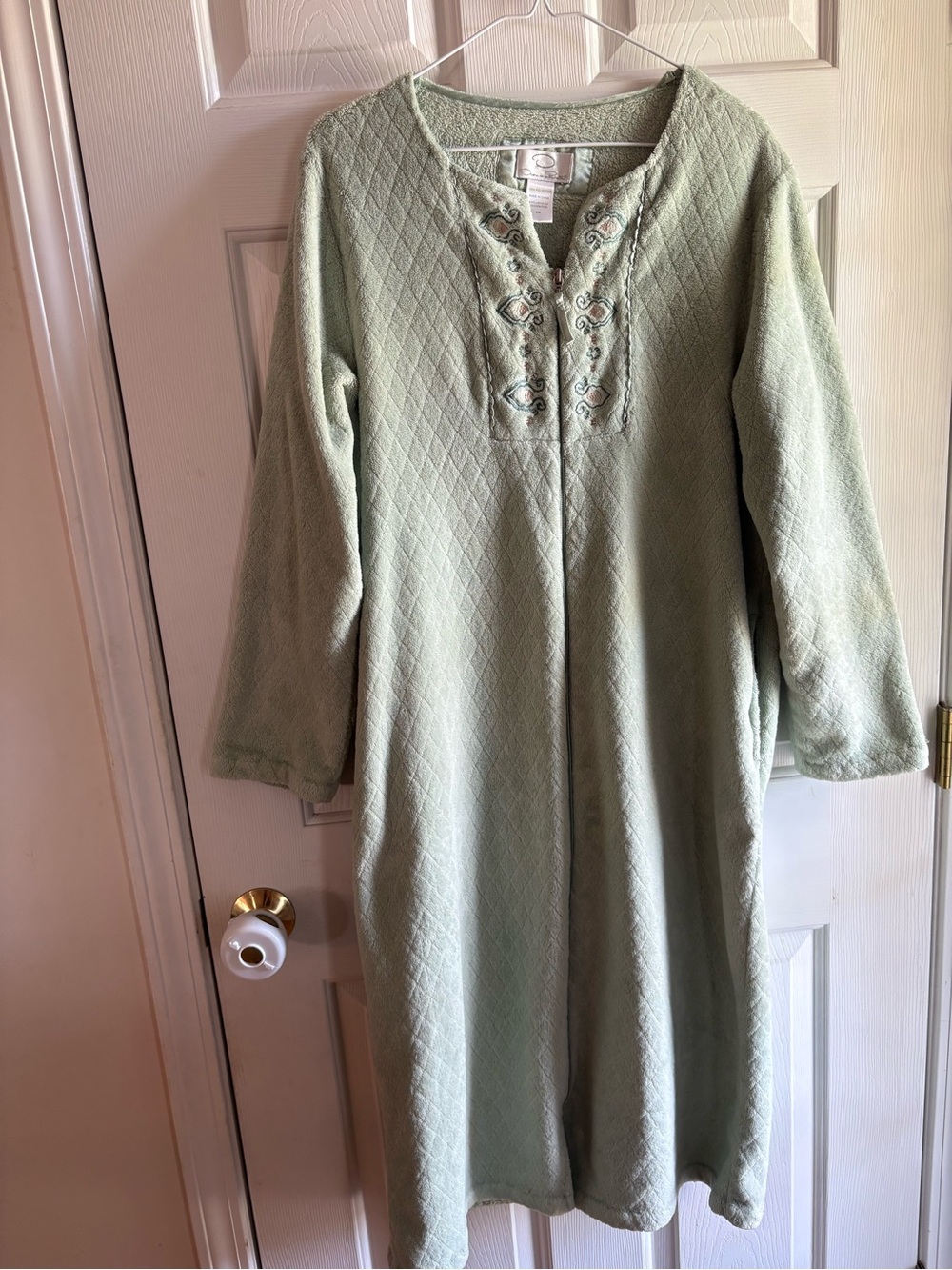 Vintage Oscar de la Renta Green Quilted Plush Fleece Zip Up Robe S/M Embroidered